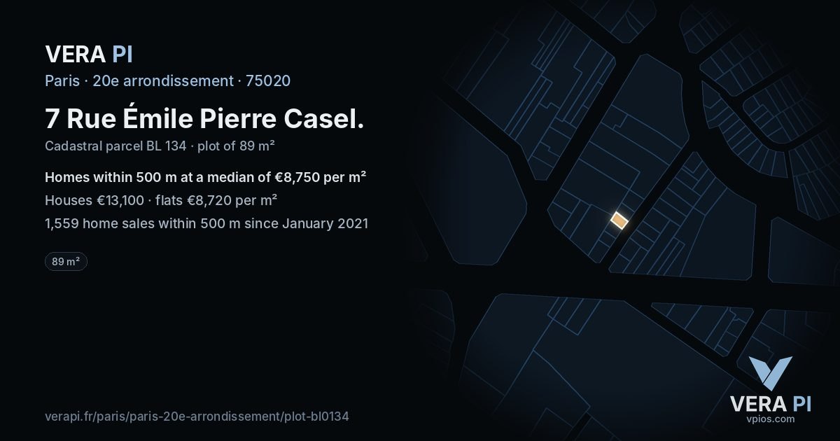 7 Rue Émile Pierre Casel, 20e arrondissement at night – the plot lit, the parcels around coloured by the prices near them