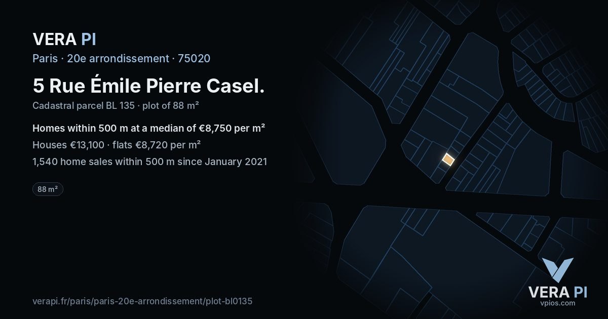 5 Rue Émile Pierre Casel, 20e arrondissement at night – the plot lit, the parcels around coloured by the prices near them