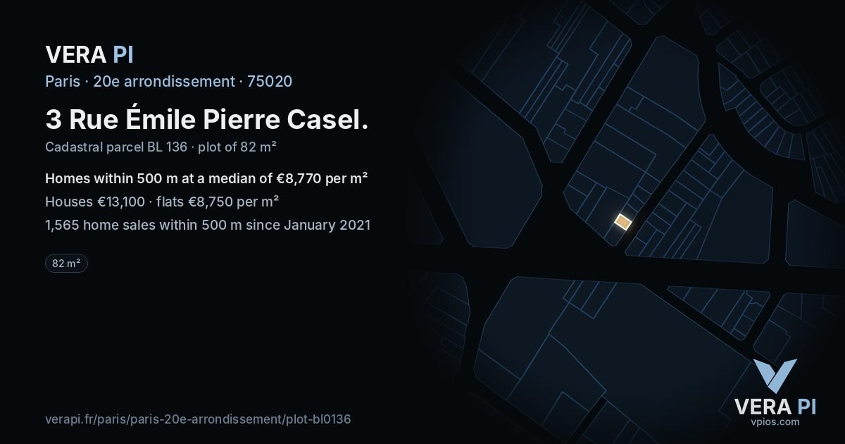 3 Rue Émile Pierre Casel, 20e arrondissement at night – the plot lit, the parcels around coloured by the prices near them