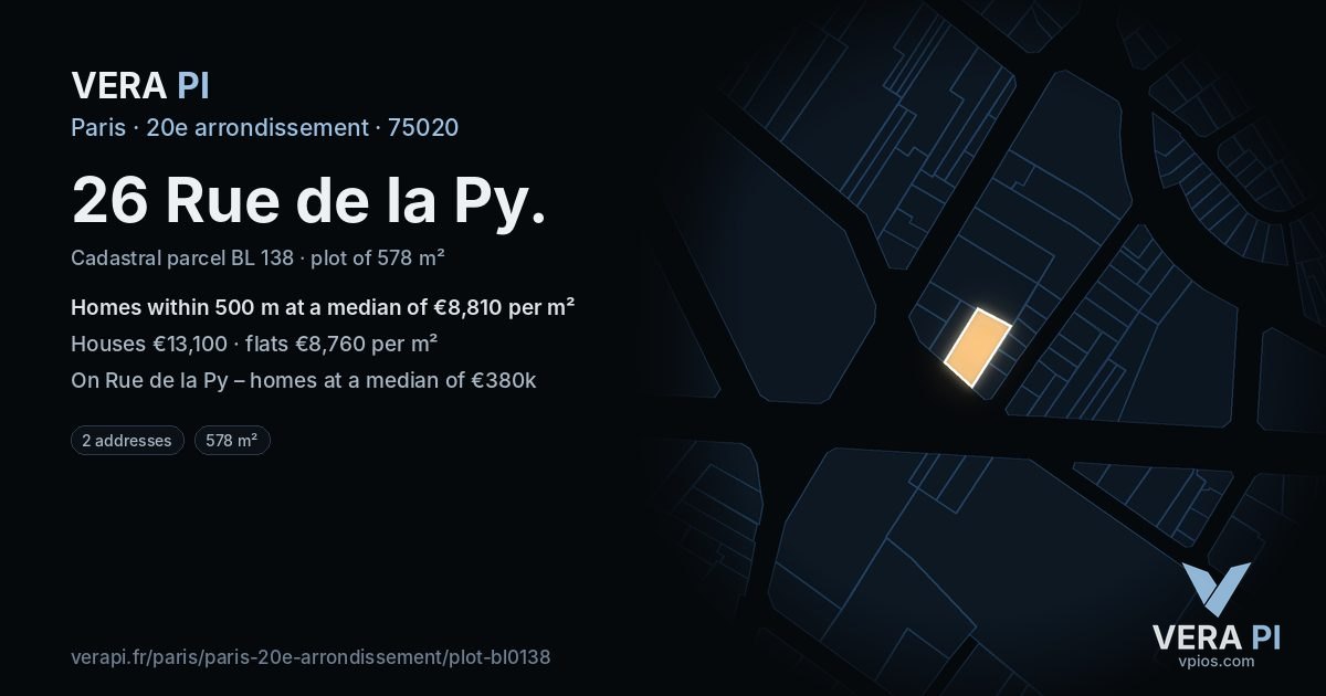 26 Rue de la Py, 20e arrondissement at night – the plot lit, the parcels around coloured by the prices near them