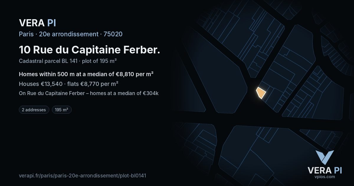 10 Rue du Capitaine Ferber, 20e arrondissement at night – the plot lit, the parcels around coloured by the prices near them