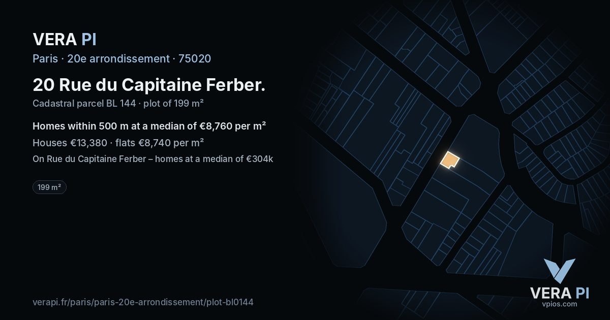 20 Rue du Capitaine Ferber, 20e arrondissement at night – the plot lit, the parcels around coloured by the prices near them