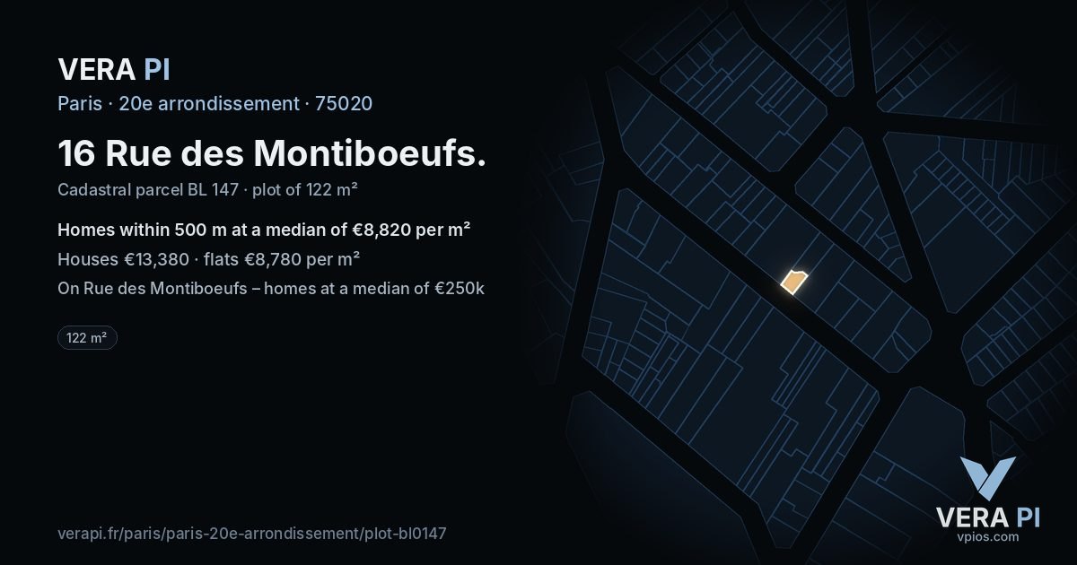 16 Rue des Montiboeufs, 20e arrondissement at night – the plot lit, the parcels around coloured by the prices near them