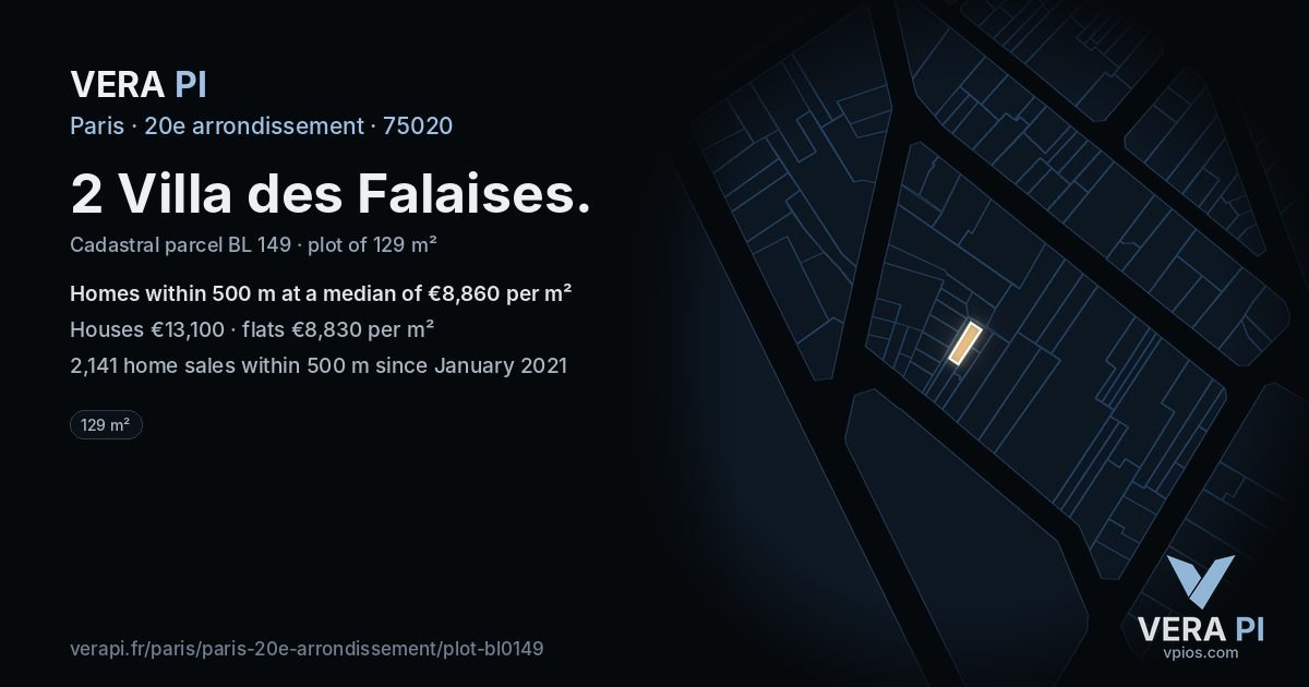 2 Villa des Falaises, 20e arrondissement at night – the plot lit, the parcels around coloured by the prices near them
