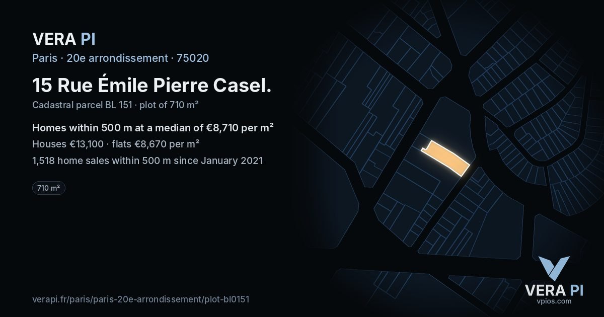 15 Rue Émile Pierre Casel, 20e arrondissement at night – the plot lit, the parcels around coloured by the prices near them