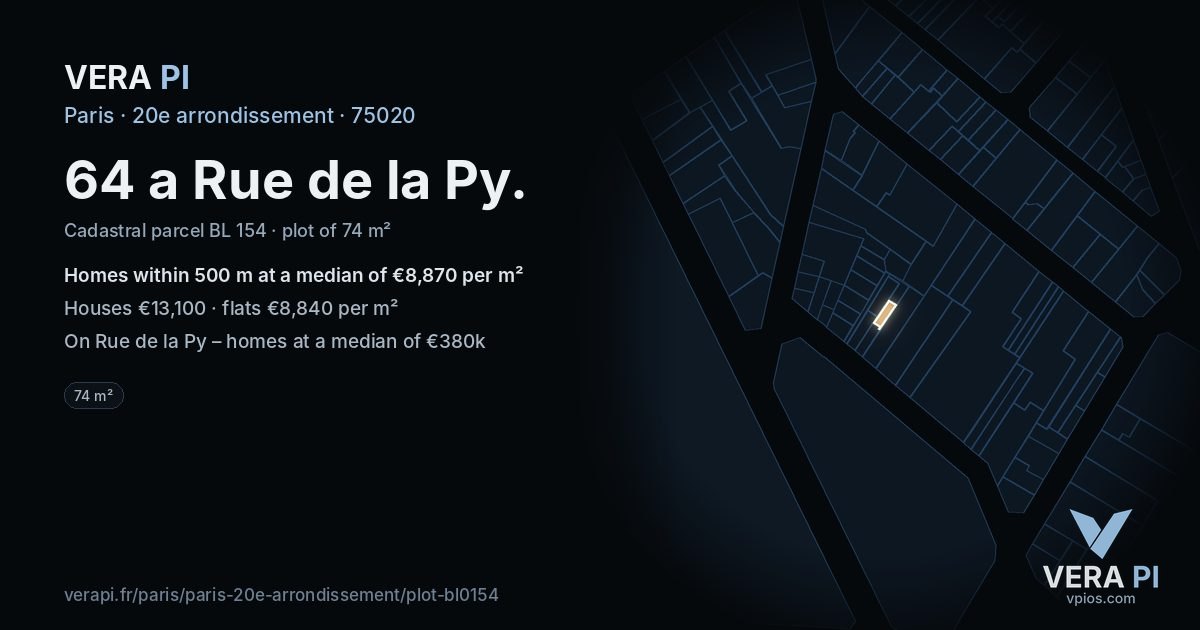 64 a Rue de la Py, 20e arrondissement at night – the plot lit, the parcels around coloured by the prices near them