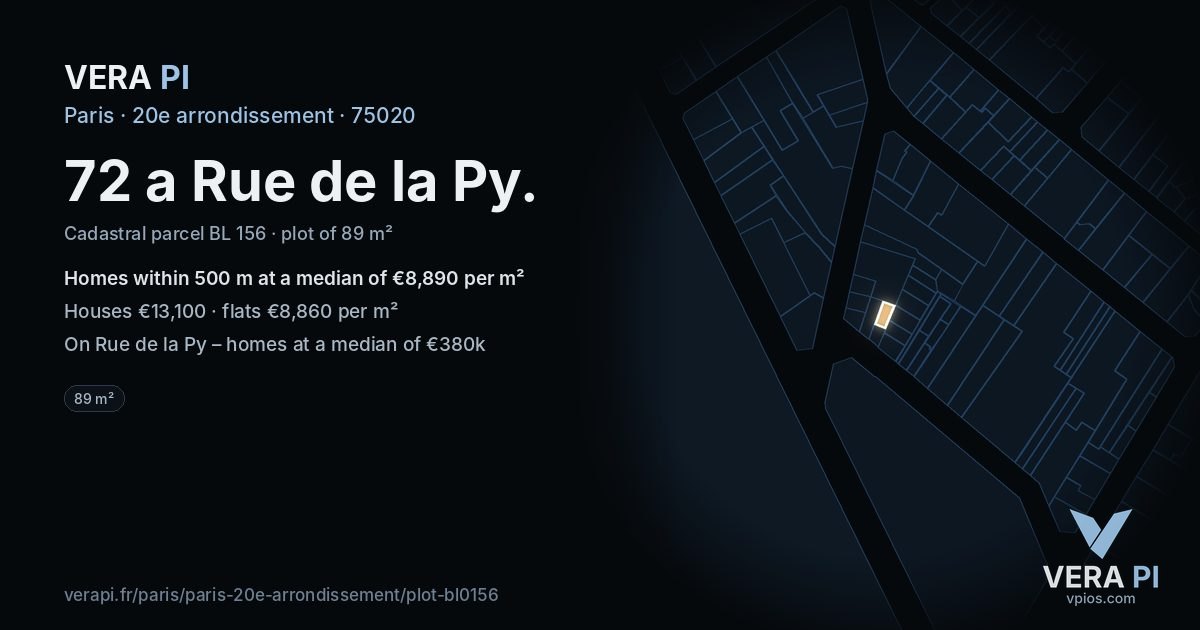 72 a Rue de la Py, 20e arrondissement at night – the plot lit, the parcels around coloured by the prices near them