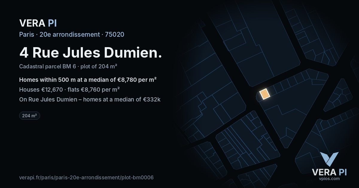 4 Rue Jules Dumien, 20e arrondissement at night – the plot lit, the parcels around coloured by the prices near them