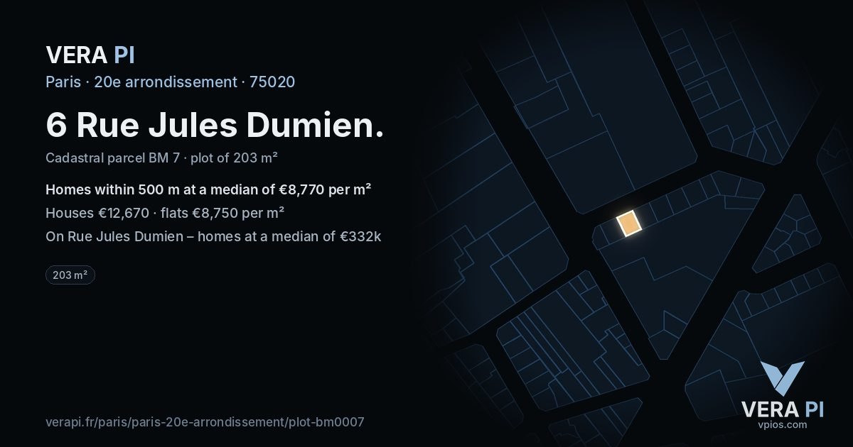 6 Rue Jules Dumien, 20e arrondissement at night – the plot lit, the parcels around coloured by the prices near them