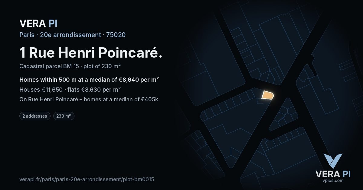 1 Rue Henri Poincaré, 20e arrondissement at night – the plot lit, the parcels around coloured by the prices near them