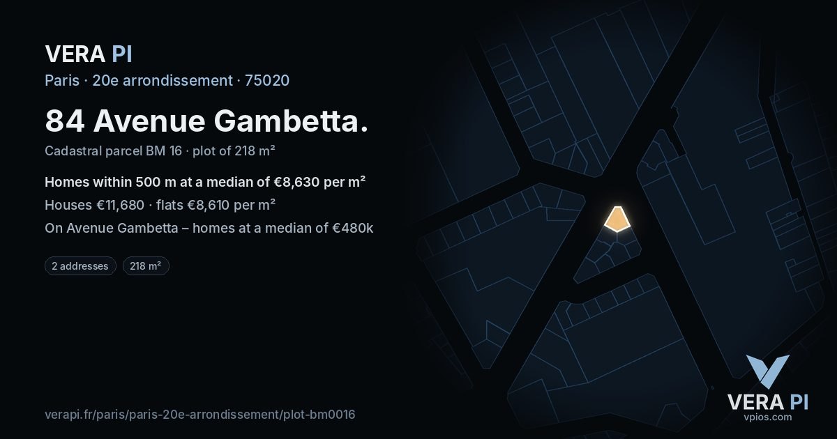 84 Avenue Gambetta, 20e arrondissement at night – the plot lit, the parcels around coloured by the prices near them