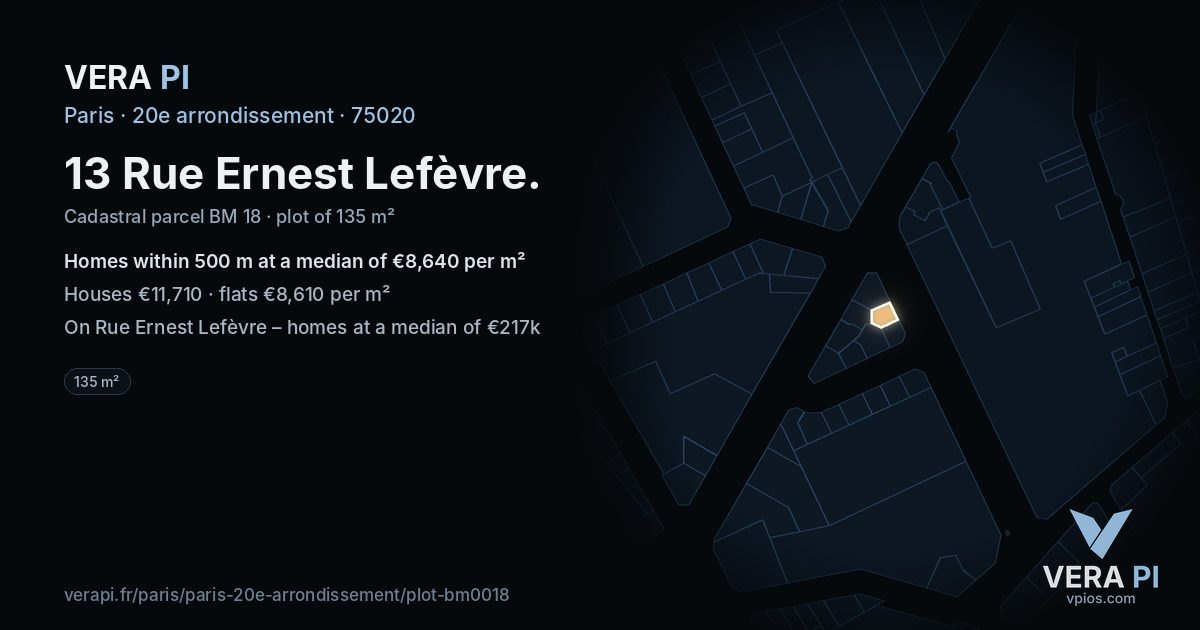 13 Rue Ernest Lefèvre, 20e arrondissement at night – the plot lit, the parcels around coloured by the prices near them