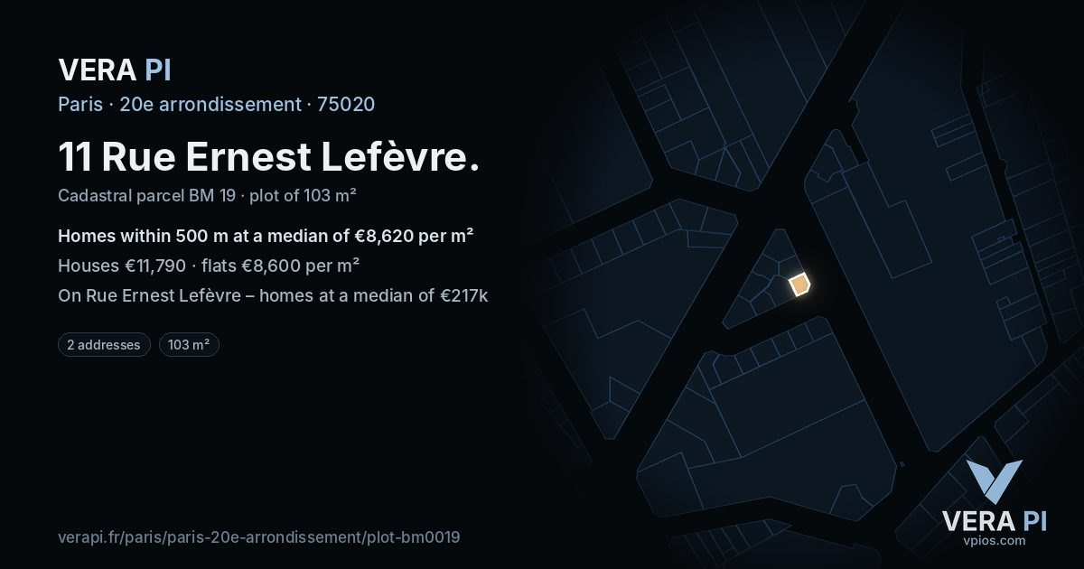 11 Rue Ernest Lefèvre, 20e arrondissement at night – the plot lit, the parcels around coloured by the prices near them