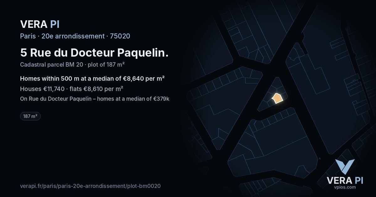 5 Rue du Docteur Paquelin, 20e arrondissement at night – the plot lit, the parcels around coloured by the prices near them