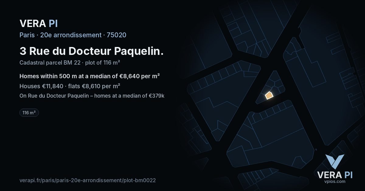 3 Rue du Docteur Paquelin, 20e arrondissement at night – the plot lit, the parcels around coloured by the prices near them
