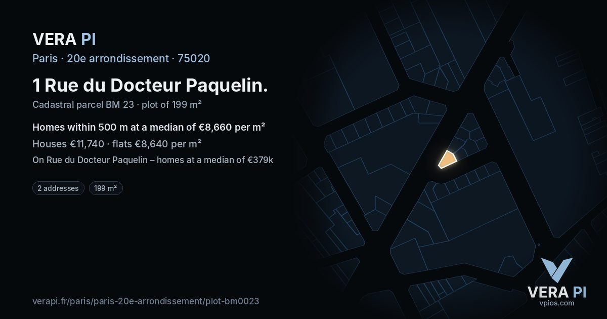 1 Rue du Docteur Paquelin, 20e arrondissement at night – the plot lit, the parcels around coloured by the prices near them