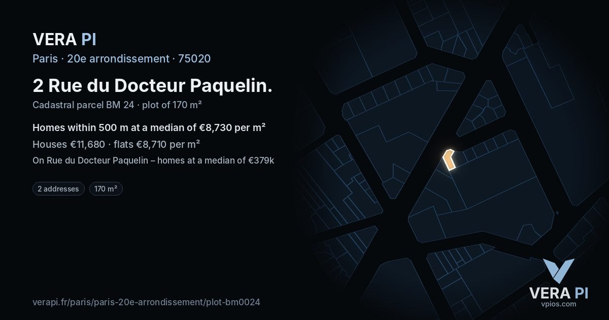 2 Rue du Docteur Paquelin, 20e arrondissement at night – the plot lit, the parcels around coloured by the prices near them