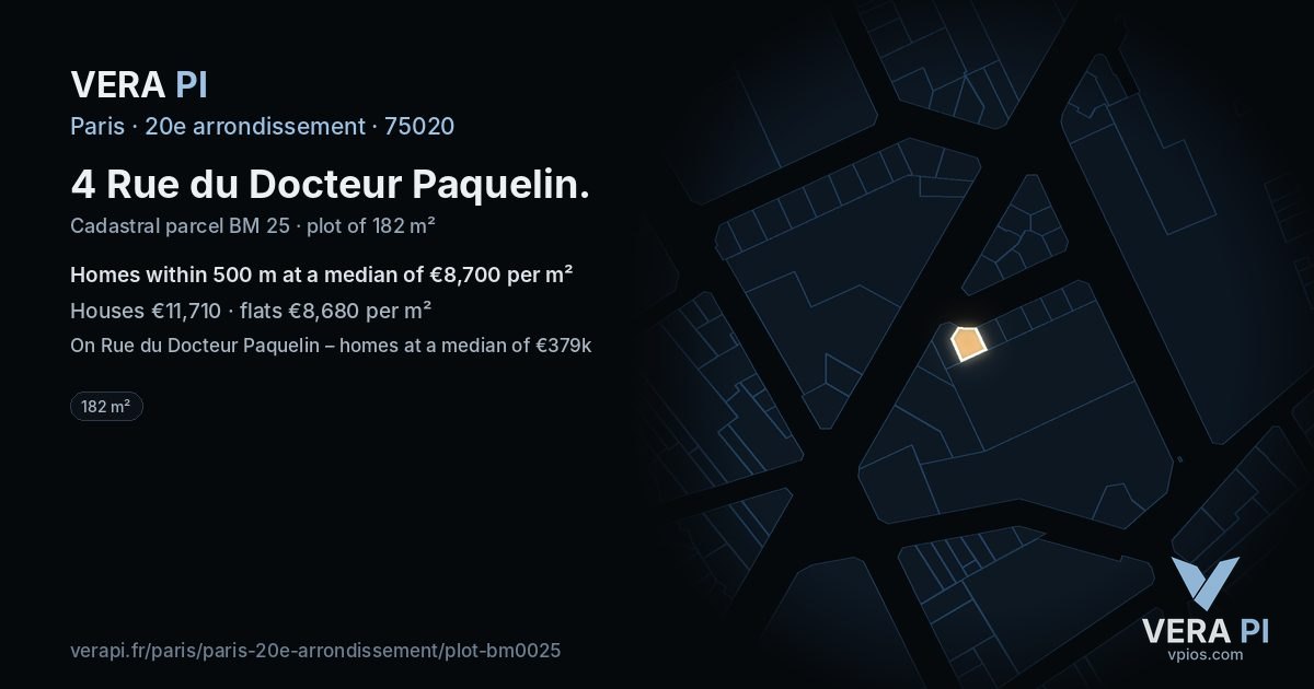 4 Rue du Docteur Paquelin, 20e arrondissement at night – the plot lit, the parcels around coloured by the prices near them