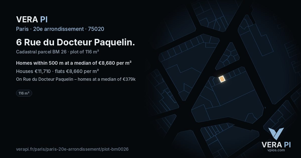 6 Rue du Docteur Paquelin, 20e arrondissement at night – the plot lit, the parcels around coloured by the prices near them