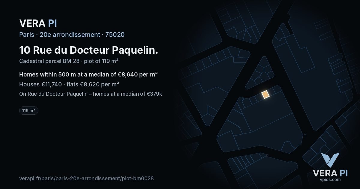 10 Rue du Docteur Paquelin, 20e arrondissement at night – the plot lit, the parcels around coloured by the prices near them