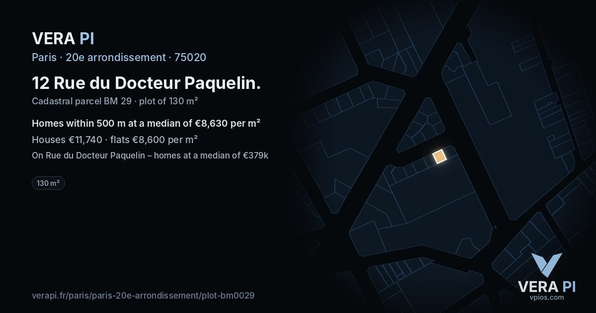 12 Rue du Docteur Paquelin, 20e arrondissement at night – the plot lit, the parcels around coloured by the prices near them