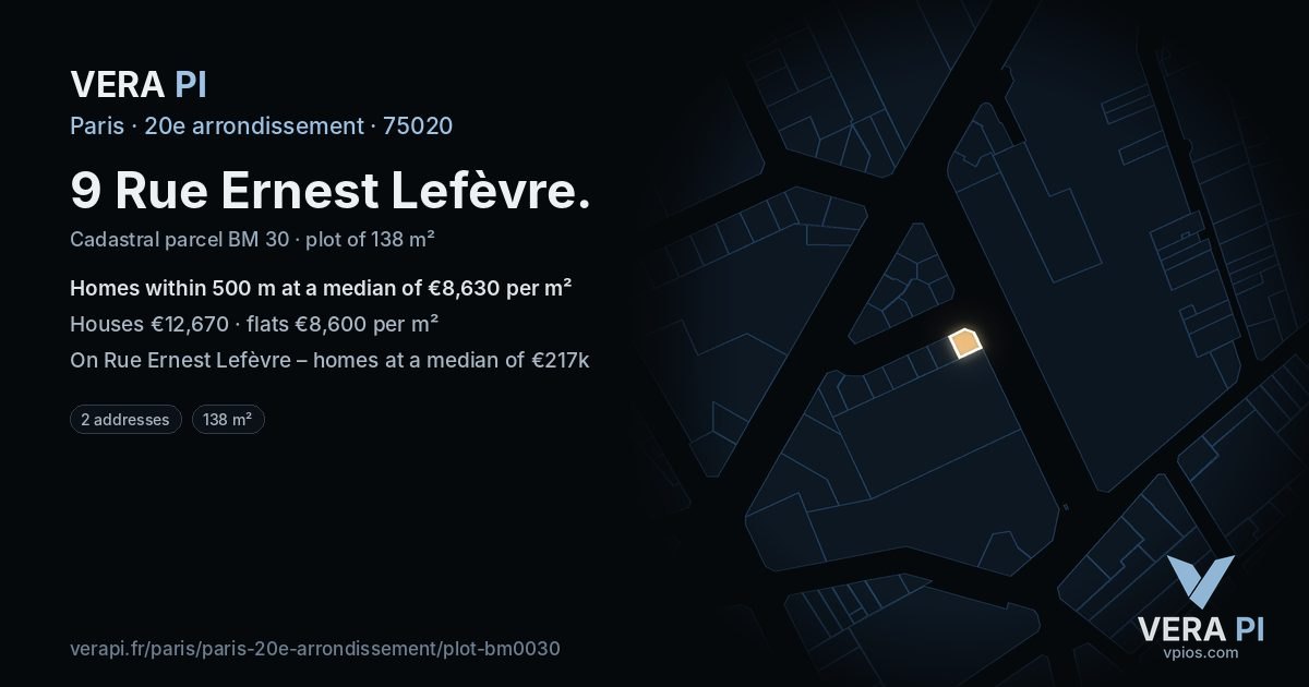 9 Rue Ernest Lefèvre, 20e arrondissement at night – the plot lit, the parcels around coloured by the prices near them