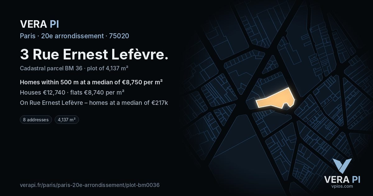 3 Rue Ernest Lefèvre, 20e arrondissement at night – the plot lit, the parcels around coloured by the prices near them