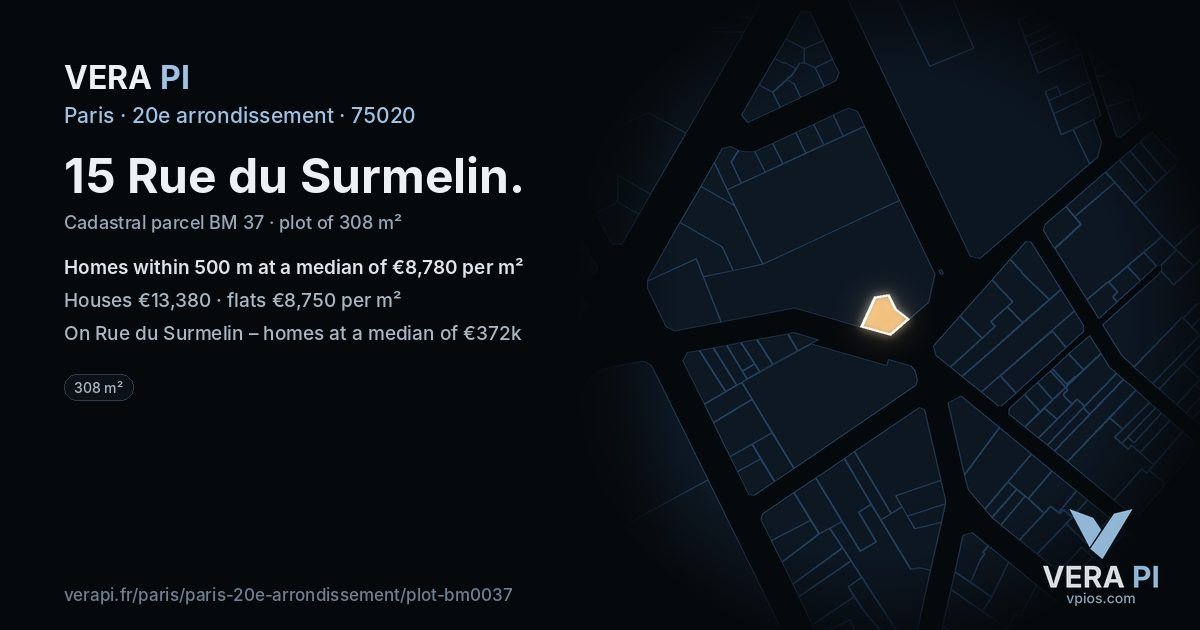 15 Rue du Surmelin, 20e arrondissement at night – the plot lit, the parcels around coloured by the prices near them