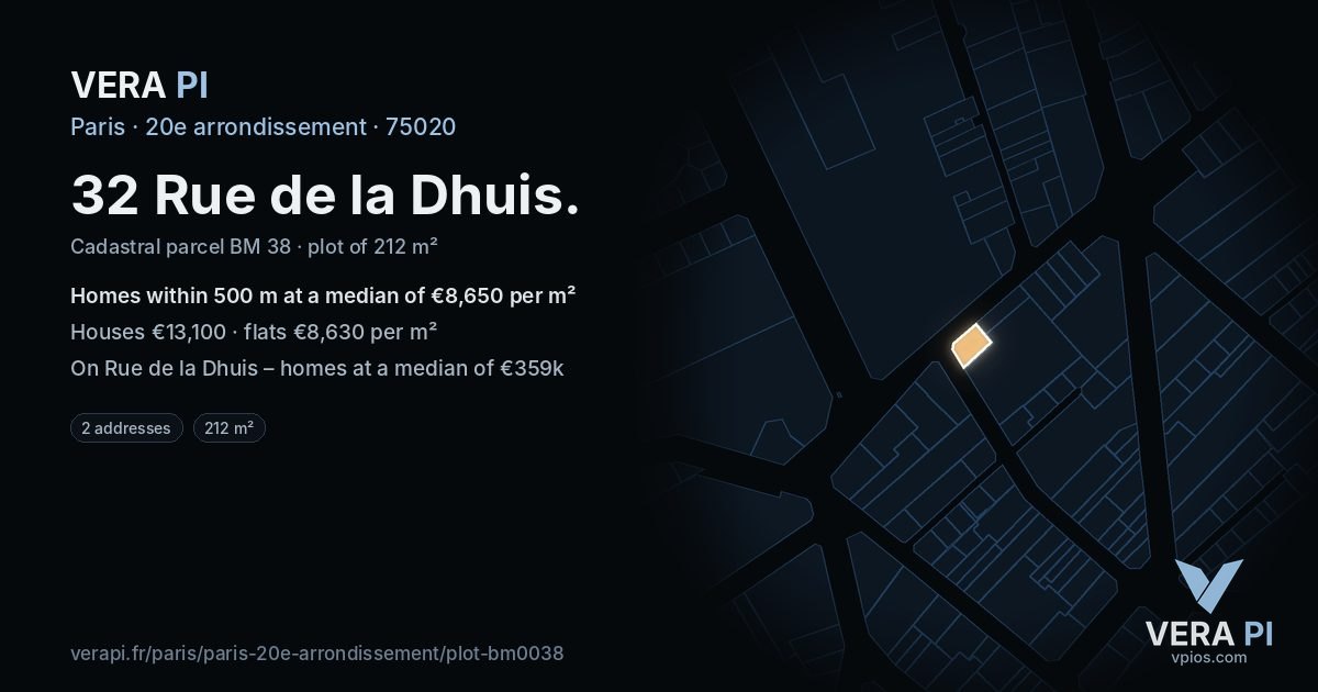 32 Rue de la Dhuis, 20e arrondissement at night – the plot lit, the parcels around coloured by the prices near them
