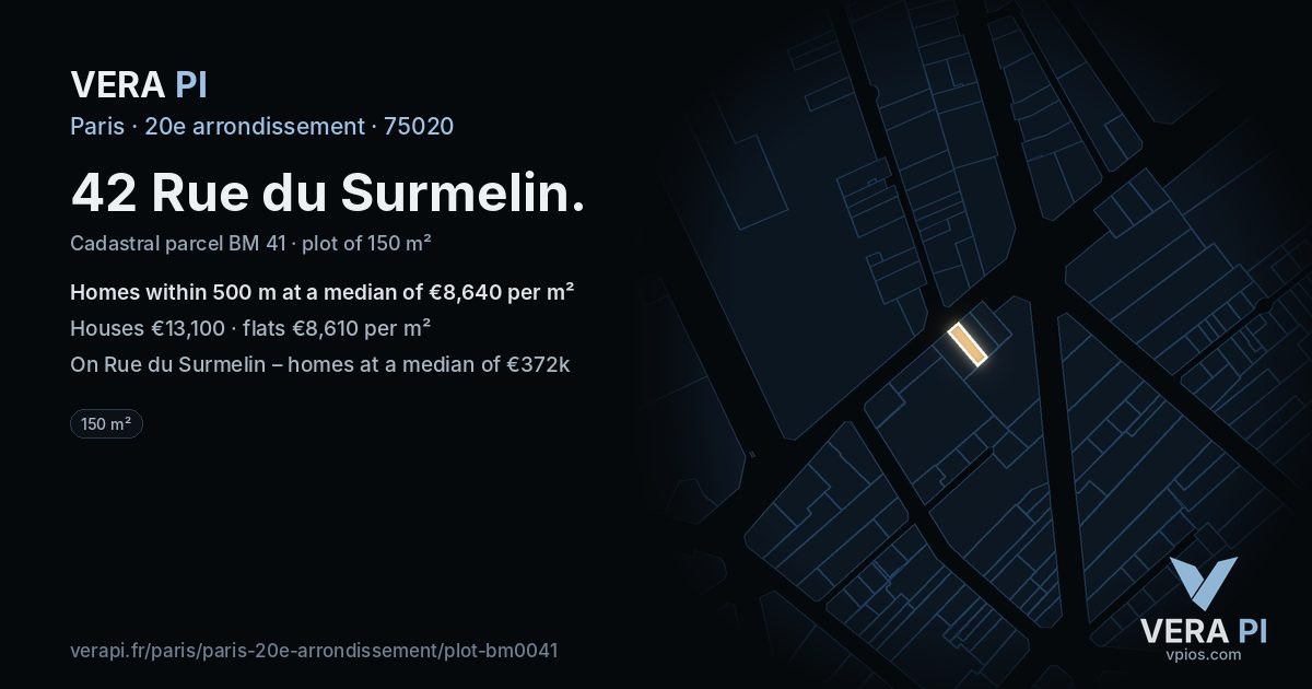 42 Rue du Surmelin, 20e arrondissement at night – the plot lit, the parcels around coloured by the prices near them