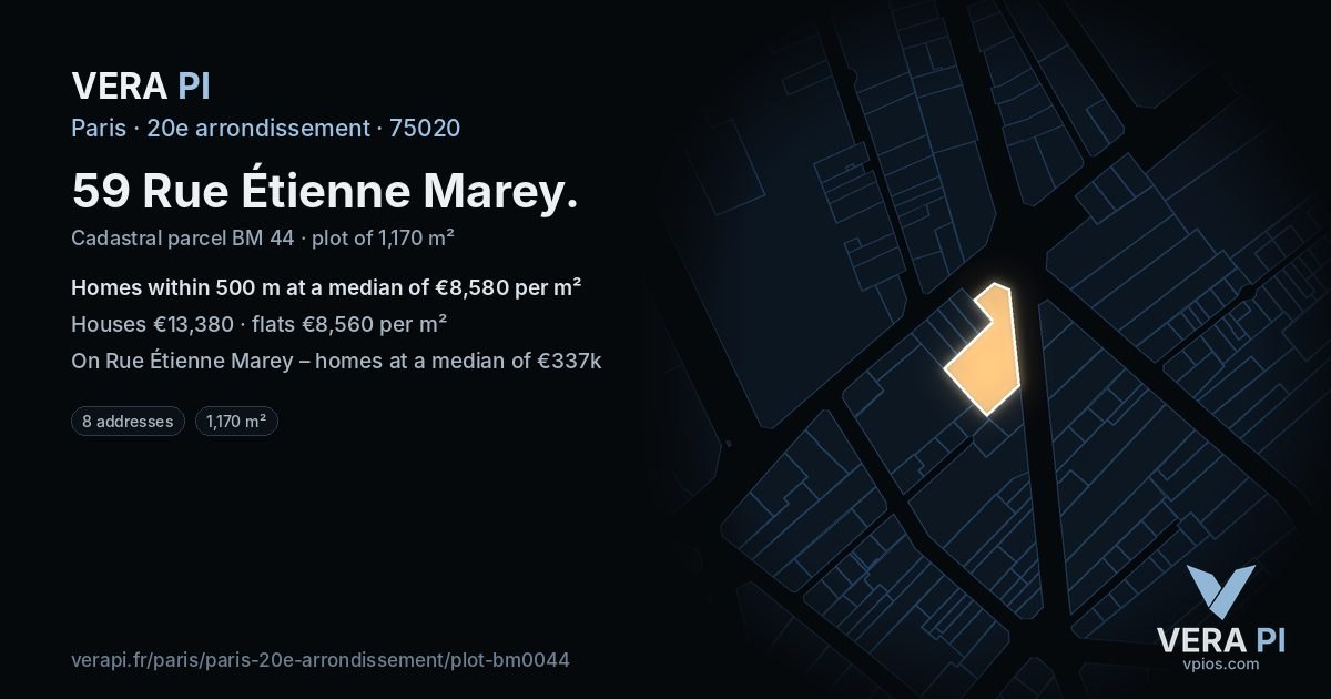 59 Rue Étienne Marey, 20e arrondissement at night – the plot lit, the parcels around coloured by the prices near them