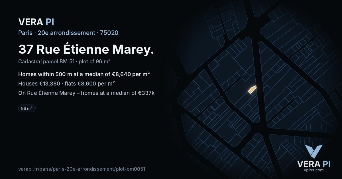 37 Rue Étienne Marey, 20e arrondissement at night – the plot lit, the parcels around coloured by the prices near them