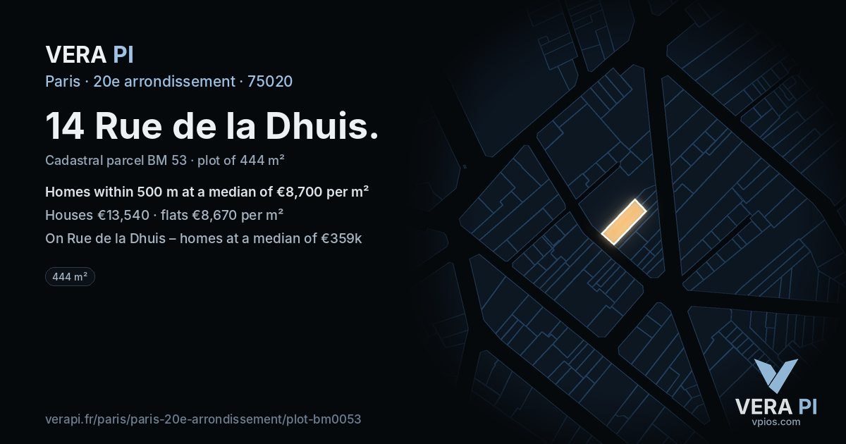 14 Rue de la Dhuis, 20e arrondissement at night – the plot lit, the parcels around coloured by the prices near them