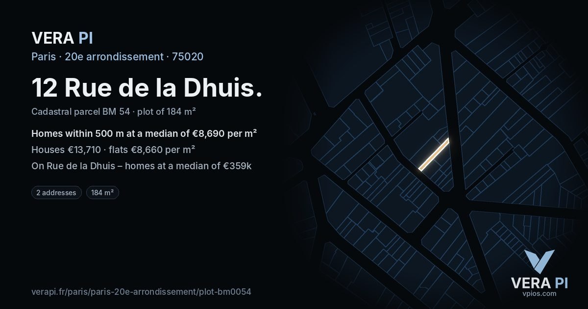 12 Rue de la Dhuis, 20e arrondissement at night – the plot lit, the parcels around coloured by the prices near them