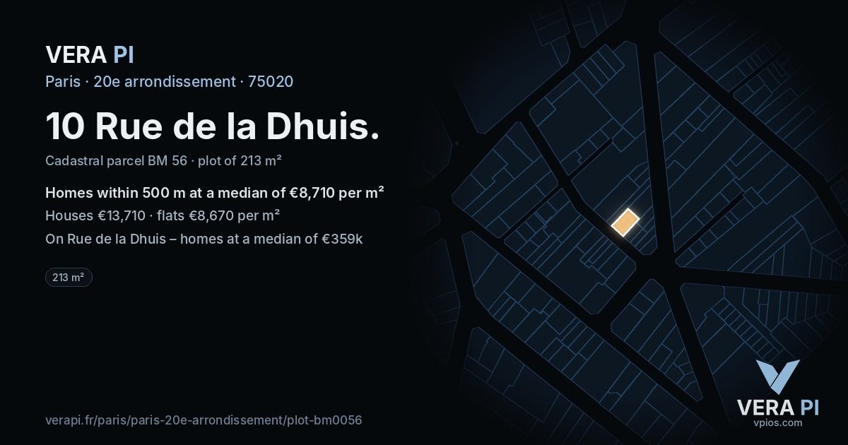 10 Rue de la Dhuis, 20e arrondissement at night – the plot lit, the parcels around coloured by the prices near them