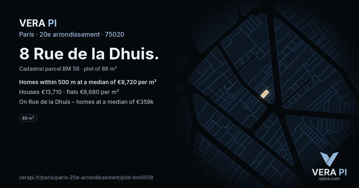 8 Rue de la Dhuis, 20e arrondissement at night – the plot lit, the parcels around coloured by the prices near them
