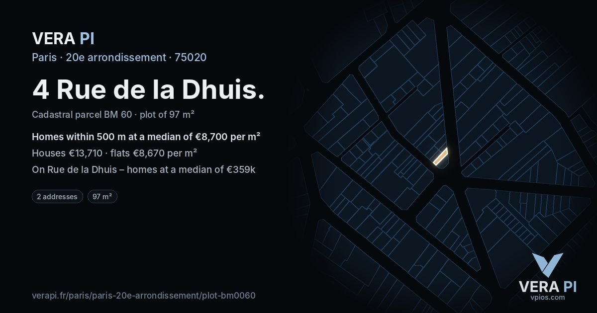 4 Rue de la Dhuis, 20e arrondissement at night – the plot lit, the parcels around coloured by the prices near them