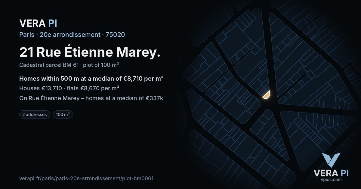 21 Rue Étienne Marey, 20e arrondissement at night – the plot lit, the parcels around coloured by the prices near them