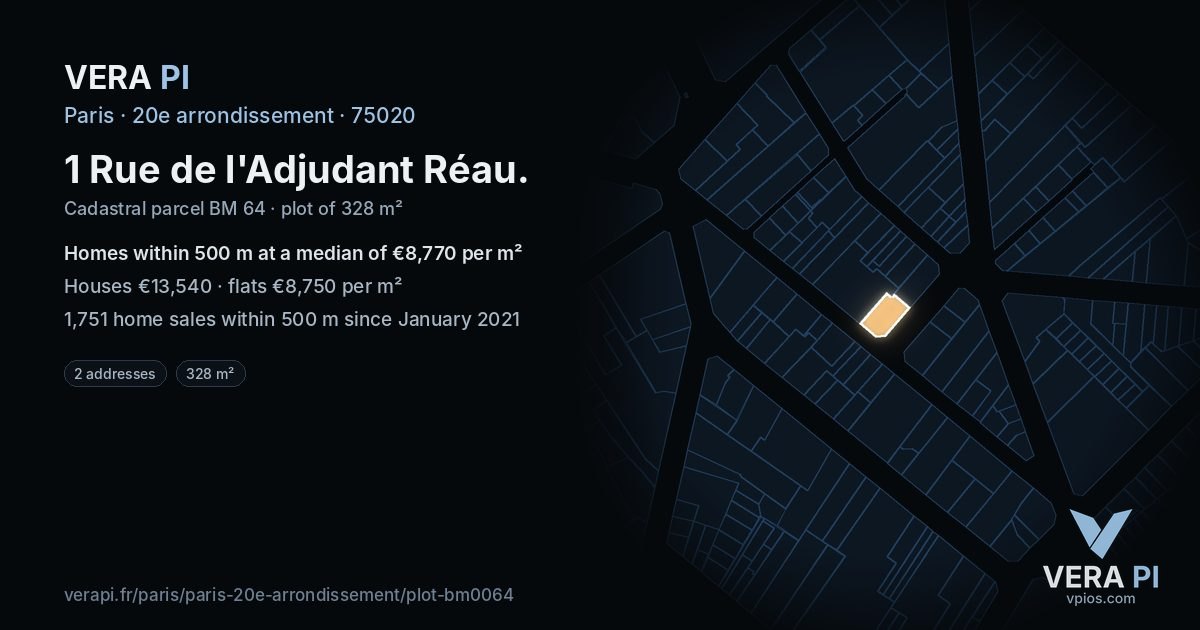1 Rue de l'Adjudant Réau, 20e arrondissement at night – the plot lit, the parcels around coloured by the prices near them
