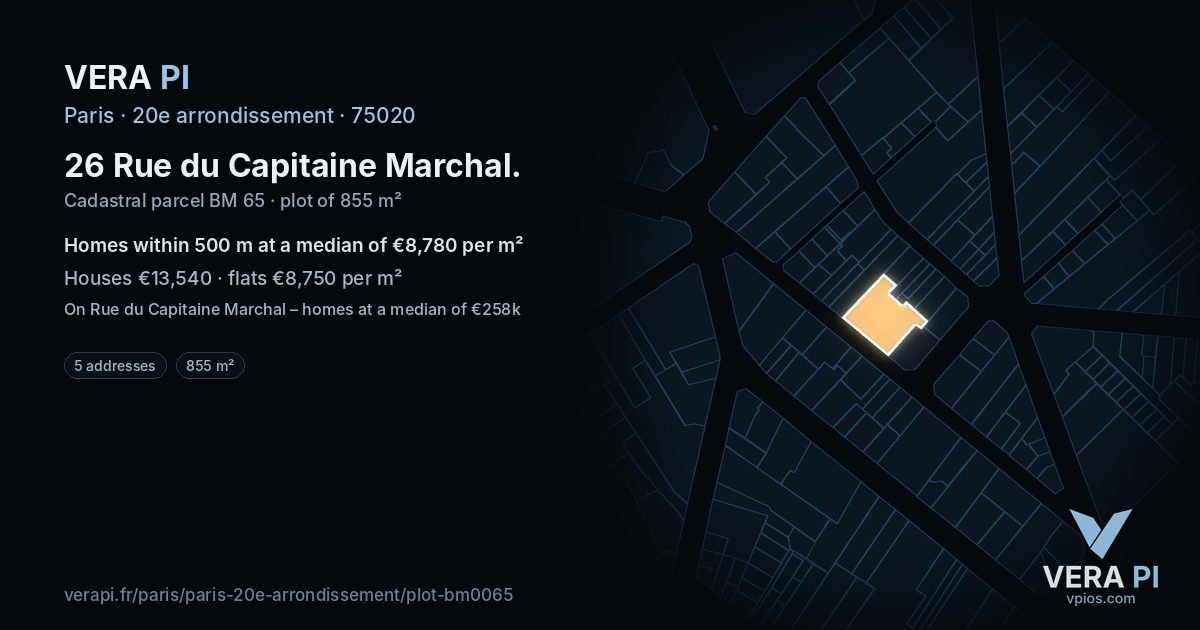 26 Rue du Capitaine Marchal, 20e arrondissement at night – the plot lit, the parcels around coloured by the prices near them