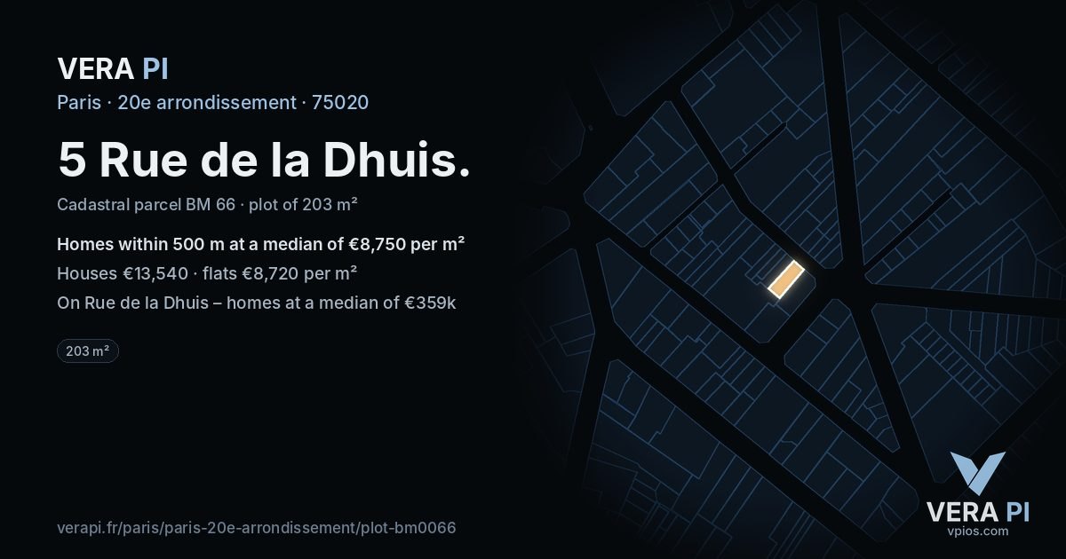 5 Rue de la Dhuis, 20e arrondissement at night – the plot lit, the parcels around coloured by the prices near them