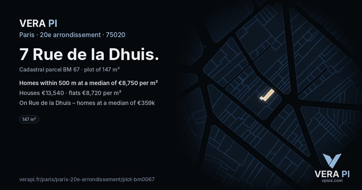 7 Rue de la Dhuis, 20e arrondissement at night – the plot lit, the parcels around coloured by the prices near them