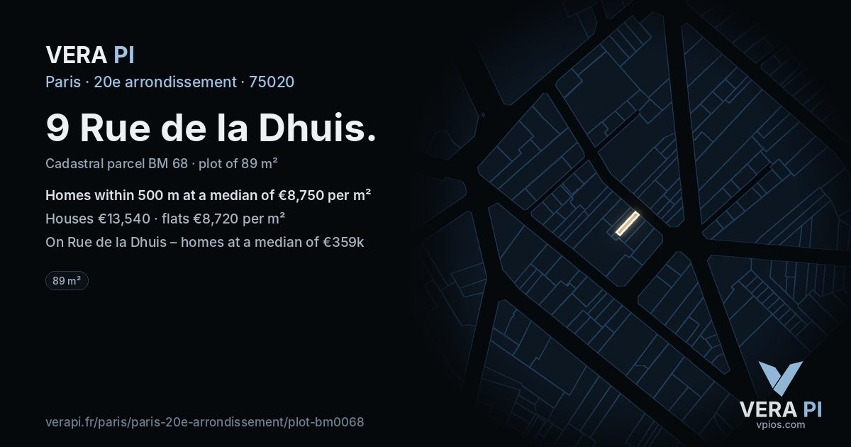 9 Rue de la Dhuis, 20e arrondissement at night – the plot lit, the parcels around coloured by the prices near them