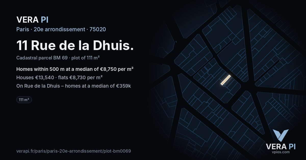 11 Rue de la Dhuis, 20e arrondissement at night – the plot lit, the parcels around coloured by the prices near them