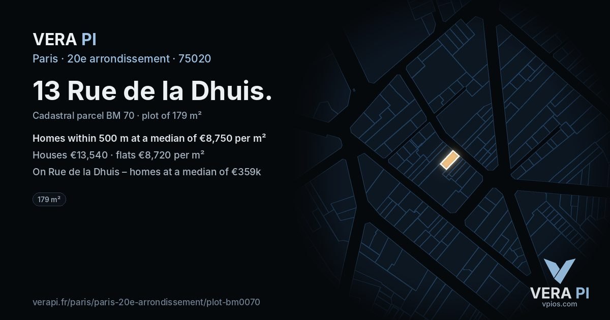 13 Rue de la Dhuis, 20e arrondissement at night – the plot lit, the parcels around coloured by the prices near them