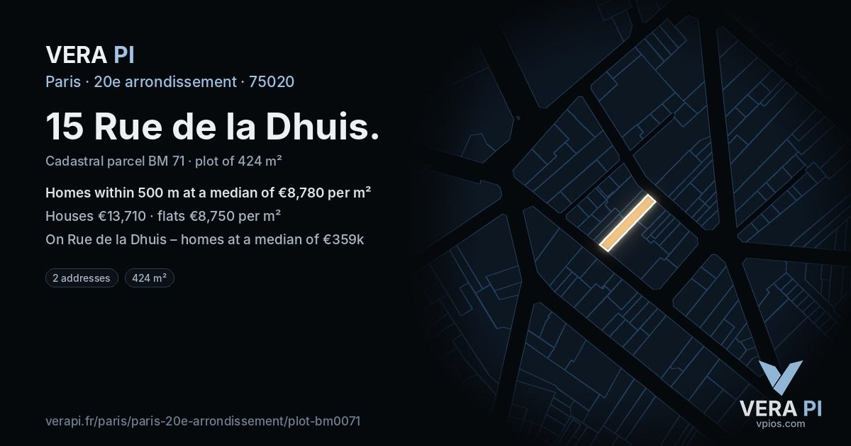 15 Rue de la Dhuis, 20e arrondissement at night – the plot lit, the parcels around coloured by the prices near them