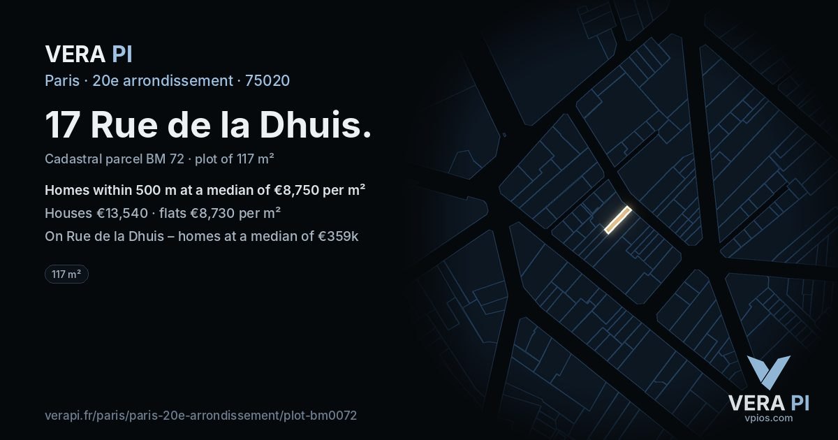 17 Rue de la Dhuis, 20e arrondissement at night – the plot lit, the parcels around coloured by the prices near them