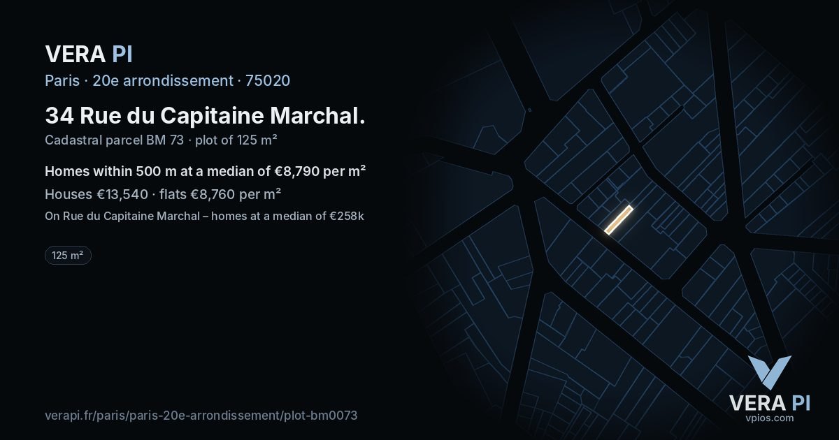 34 Rue du Capitaine Marchal, 20e arrondissement at night – the plot lit, the parcels around coloured by the prices near them