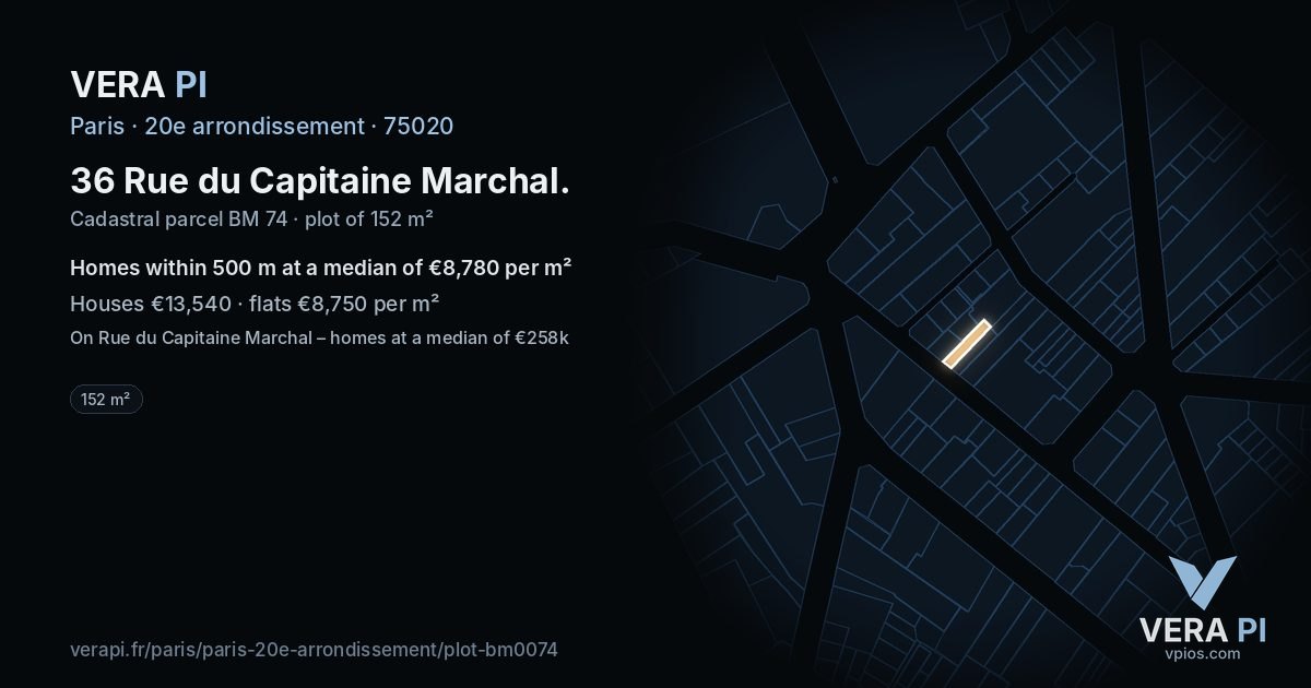 36 Rue du Capitaine Marchal, 20e arrondissement at night – the plot lit, the parcels around coloured by the prices near them