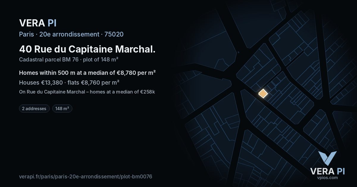40 Rue du Capitaine Marchal, 20e arrondissement at night – the plot lit, the parcels around coloured by the prices near them